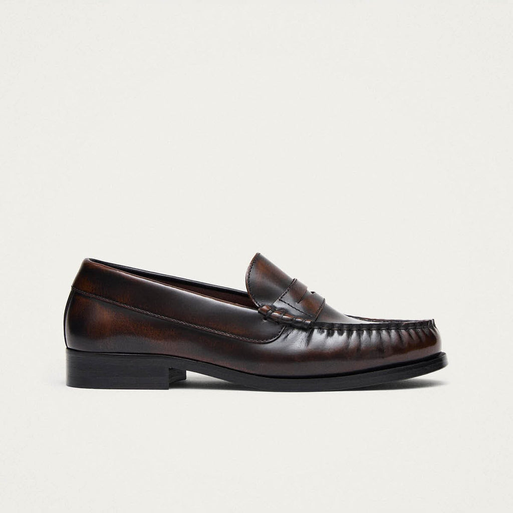Rivet Vintage Effect Coffee Brown Leather Loafers